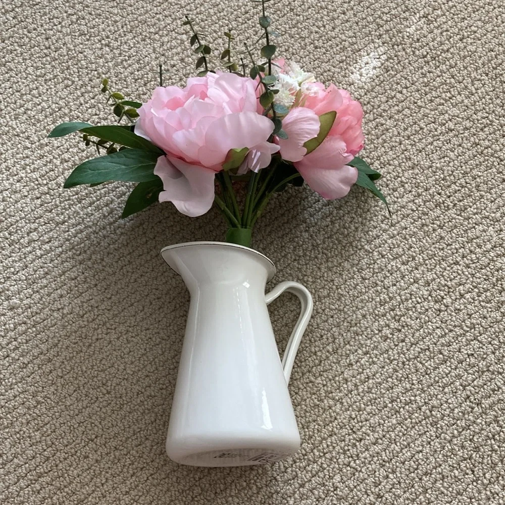IKEA Faux Pink Flower Bouquet with Farmstyle Pitcher Vase Cream Center Piece